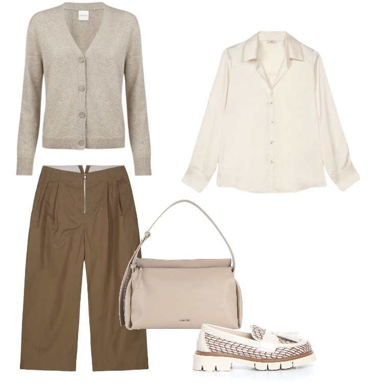 Outfit donna - Total look #2171855. Stile Casual per Tutti i giorni. Abbinamento con borse a mano, pantaloni, cardigans, mocassini, camicie.