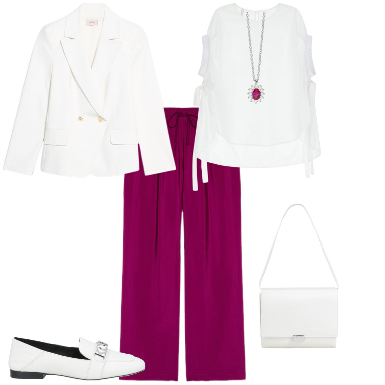 Outfit donna - Ogni giorno con stile. Stile Chic per Tutti i giorni. Abbinamento con mocassini, borse a mano, collane, camicie a manica corta, pantaloni, blazer.