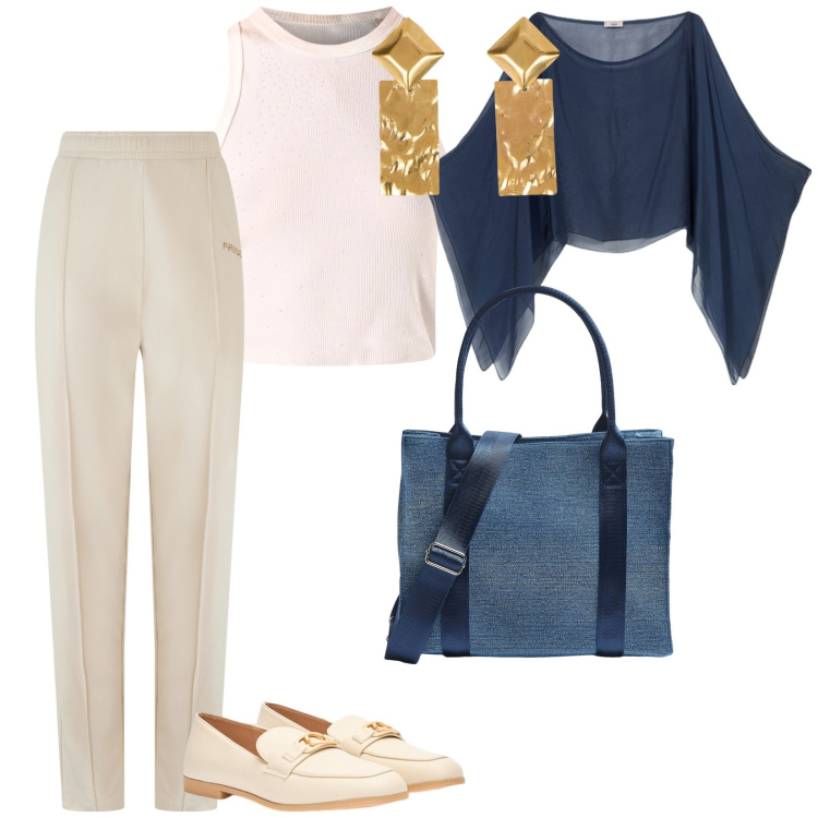 Outfit donna - A lavoro. per Ufficio. Abbinamento con shopping bag, top, pantaloni, bolero, mocassini, orecchini.