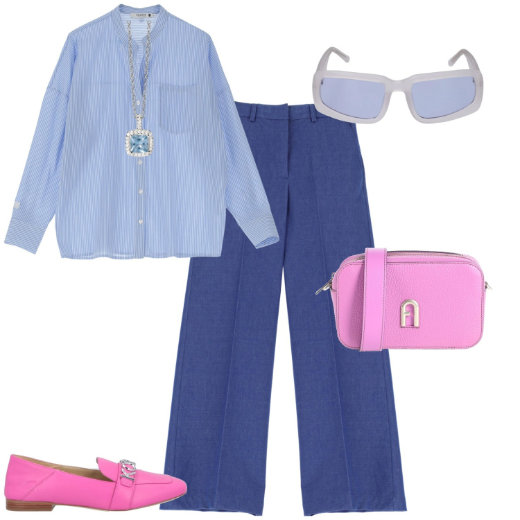 Outfit donna - Trendy per tutti I giorni o in ufficio. Stile Trendy per Tutti i giorni. Abbinamento con mocassini, borse a tracolla, collane, pantaloni a palazzo, camicie, occhiali da sole.