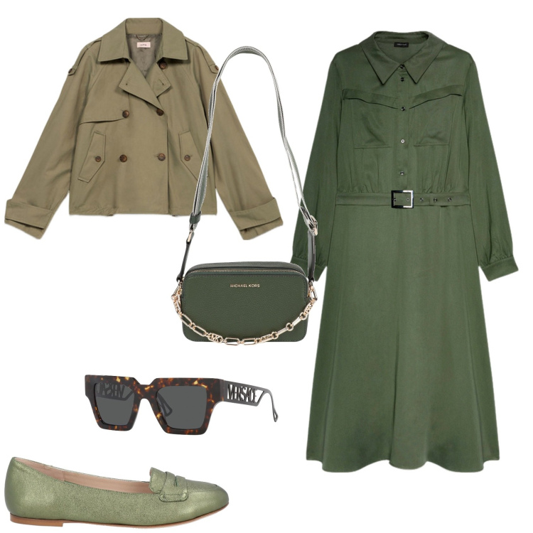Outfit donna - Total look #2171862. Stile Minimal per Ufficio. Abbinamento con mocassini, borse a tracolla, occhiali da sole, vestiti lunghi, trench.
