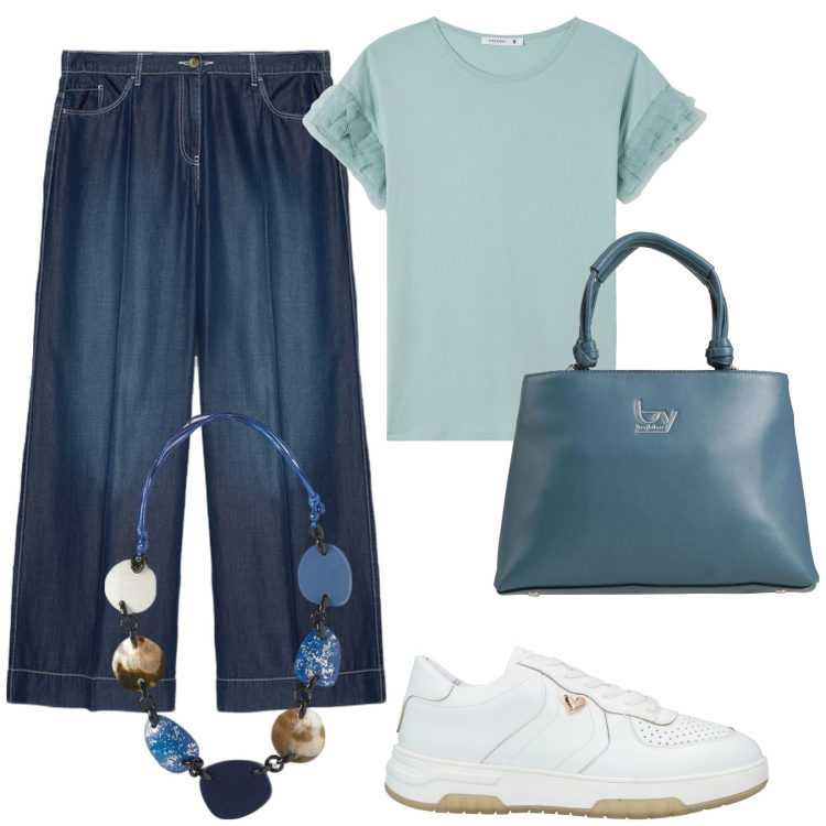 Outfit donna - Sfumature marine. Stile Basic per Tutti i giorni. Abbinamento con sneakers, borse a mano, t-shirt, pantaloni, collane.