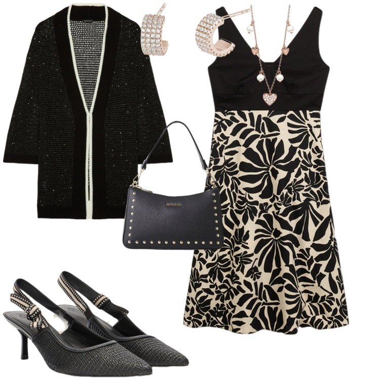 Outfit donna - Chic serata evento speciale. Stile Chic per Serata fuori. Abbinamento con orecchini, collane, borse a spalla, cardigans, vestiti midi/longuette, décolleté.