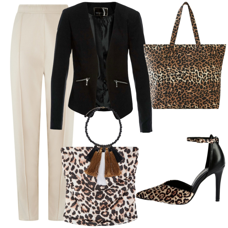 Outfit donna - Il leopardo. Stile Urban per Tutti i giorni. Abbinamento con blazer, shopping bag, top, décolleté, pantaloni, collane.