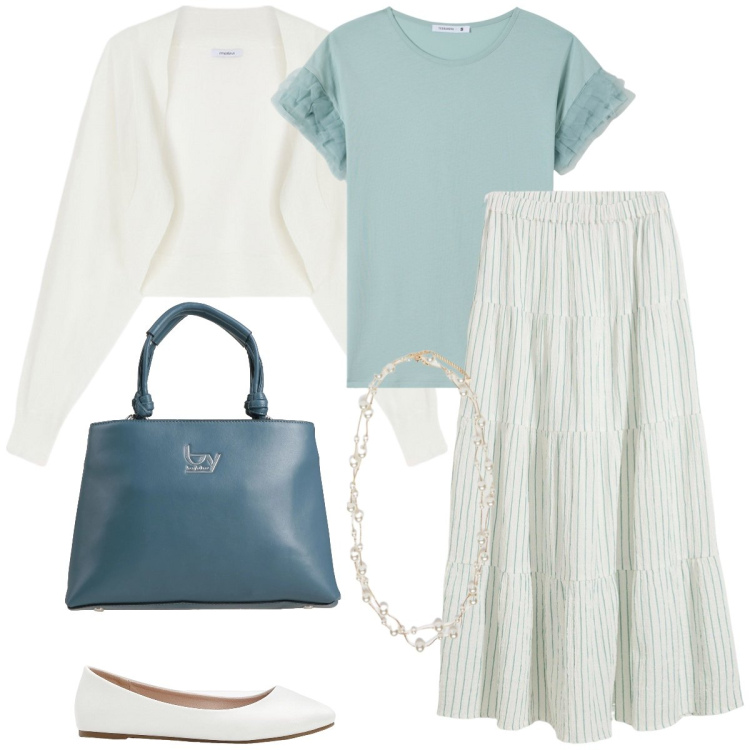 Outfit donna - Passeggiata. Stile Boho per Tutti i giorni. Abbinamento con ballerine, gonne lunghe, borse a mano, t-shirt, collane, blazer.