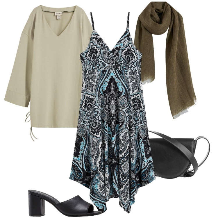 Outfit donna - Un abito fresco. Stile Boho per Serata fuori. Abbinamento con borse a tracolla, camicie, vestiti, sciarpe, ciabatte.