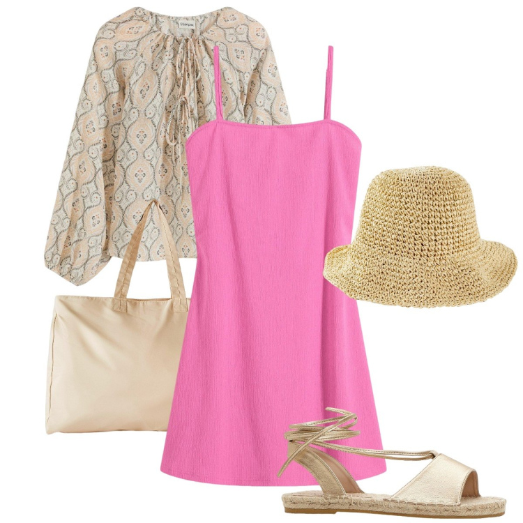 Outfit donna - Pomeriggio estivo. Stile Romantica per Mare. Abbinamento con vestiti, cappelli, sandali, tuniche, shopping bag.
