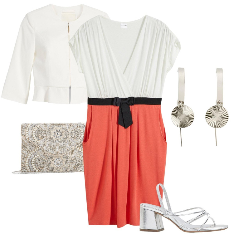 Outfit donna - Cerimonia low cost. Stile Bon Ton per Cerimonia. Abbinamento con vestiti, blazer, pochette, sandali col tacco, orecchini.