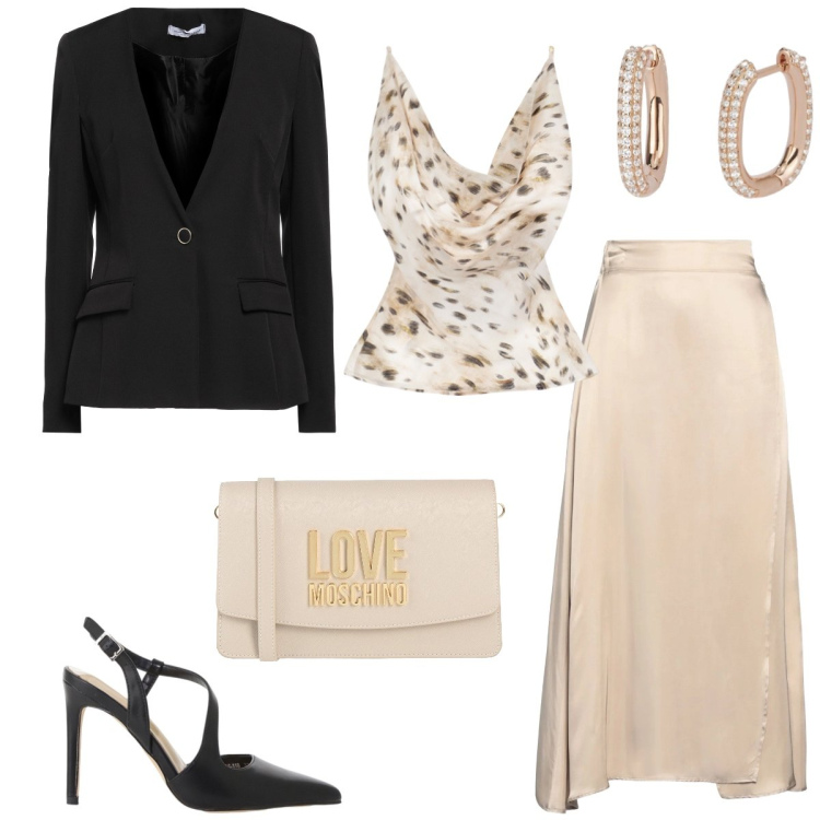 Outfit donna - Cerimonia. Stile Chic per Cerimonia. Abbinamento con gonne longuette, blazer, borse a tracolla, orecchini, top, décolleté.