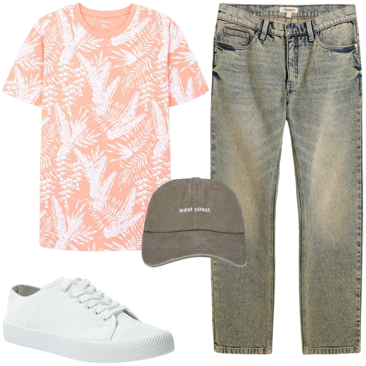Outfit uomo - Total look #2172003. Stile Urban per Tutti i giorni. Abbinamento con jeans dritti, cappelli, sneakers, t-shirt.