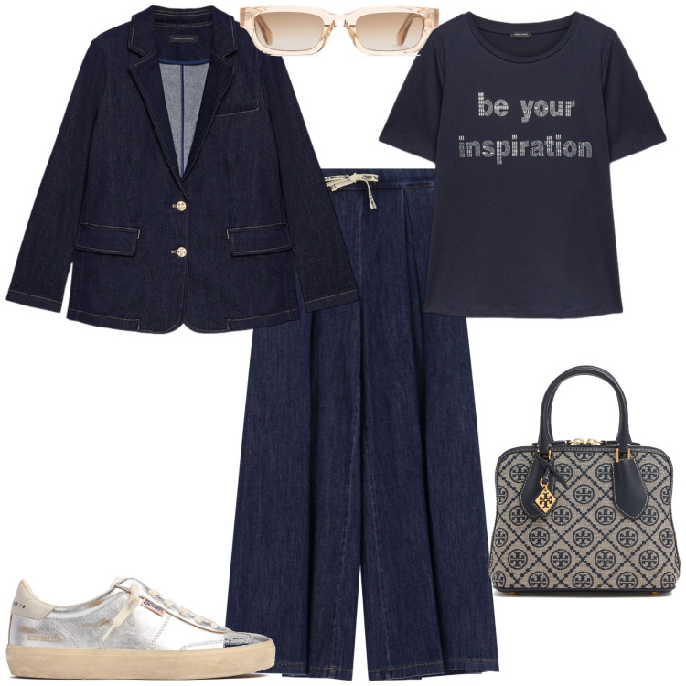 Outfit donna - Glamour per tutti i giorni. Stile Glamour per Tutti i giorni. Abbinamento con jeans, blazer, t-shirt, borse a mano, sneakers, occhiali da sole.
