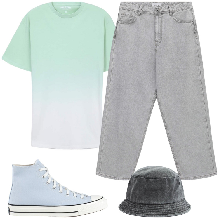 Outfit uomo - Total look #2172019. Stile Urban per Tutti i giorni. Abbinamento con sneakers alte, t-shirt, cappelli, jeans.