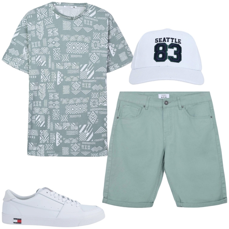 Outfit uomo - Total look #2172041. Stile Urban per Tutti i giorni. Abbinamento con sneakers, cappelli, bermuda, t-shirt.