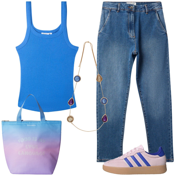 Outfit donna - Canotta e jeans. Stile Casual per Tutti i giorni. Abbinamento con jeans skinny, canottiere, borse tote, collane, sneakers.