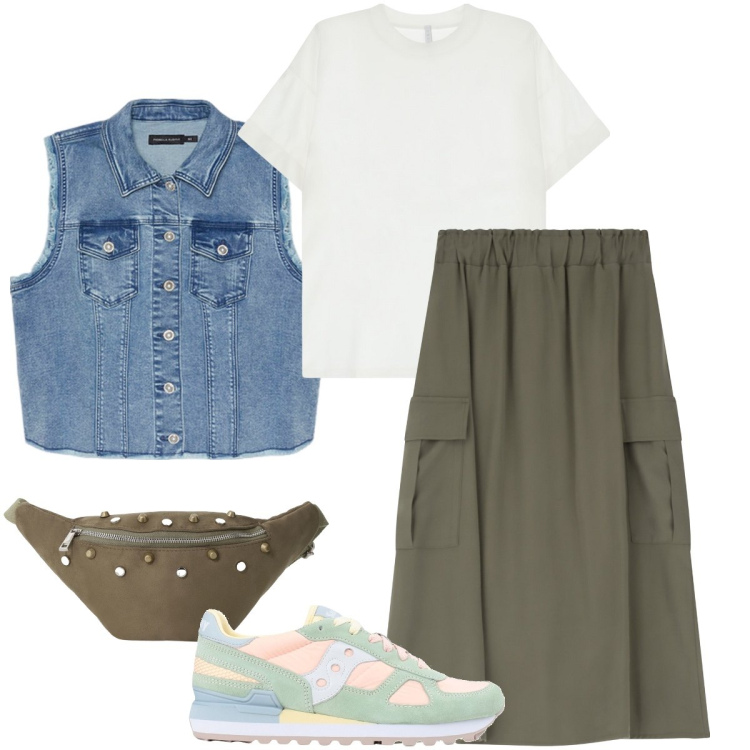 Outfit donna - Il gilet in jeans. Stile Military per Tutti i giorni. Abbinamento con sneakers, gonne lunghe, t-shirt, marsupi, gilet.