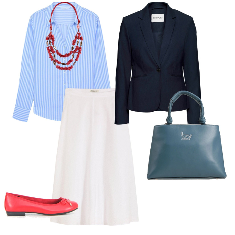 Outfit donna - A lavoro. per Ufficio. Abbinamento con blazer, gonne longuette, borse a mano, camicie, ballerine, collane.