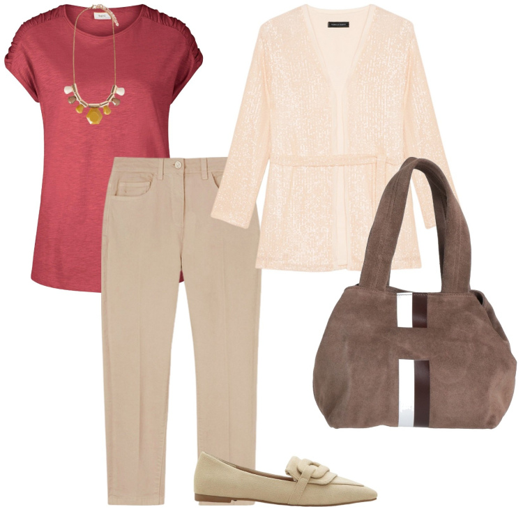 Outfit donna - Per tutti i giorni. per Tutti i giorni. Abbinamento con t-shirt, mocassini, borse a mano, blazer, collane, pantaloni.