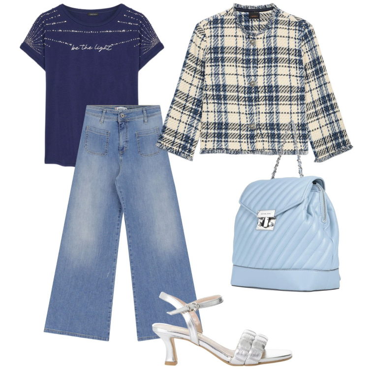 Outfit donna - In agenzia. per Tutti i giorni. Abbinamento con zaini, jeans, sandali col tacco, t-shirt, blazer.