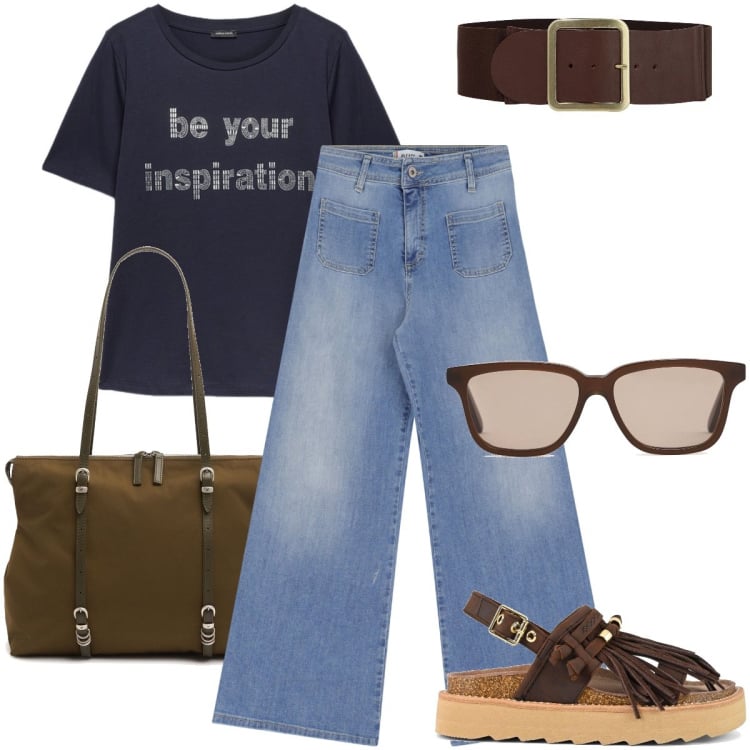 Outfit donna - Be your inspiration. Stile Casual per Tutti i giorni. Abbinamento con jeans, cinture, sandali, t-shirt, borse a spalla, occhiali da sole.