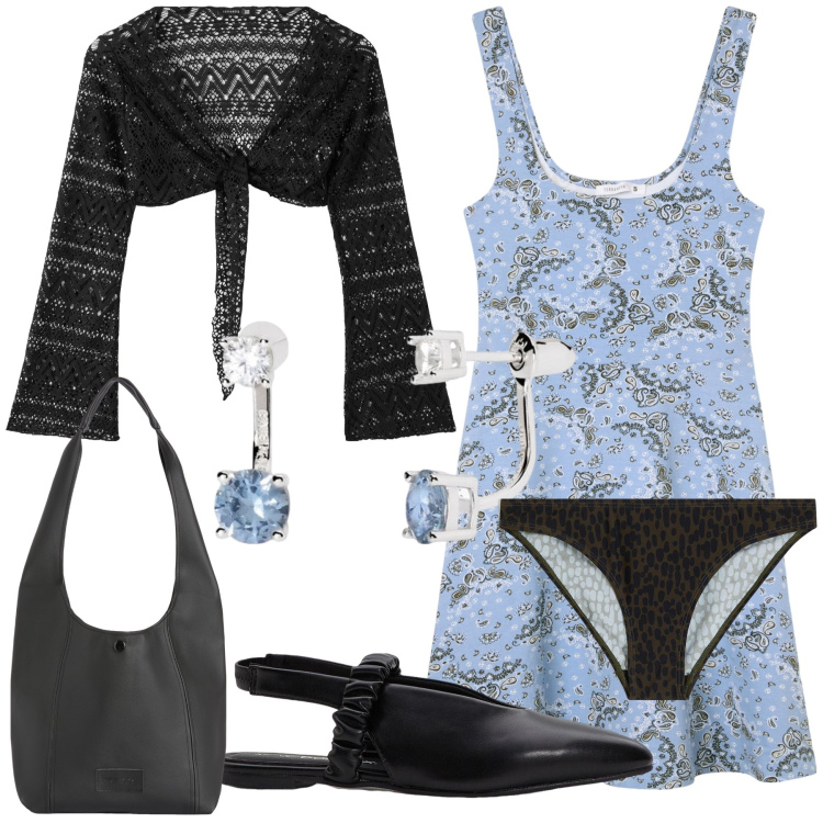 Outfit donna - Semplice uscita serale. Stile Bon Ton per Serata fuori. Abbinamento con ballerine, culotte, vestiti corti, bolero, orecchini, borse a spalla.