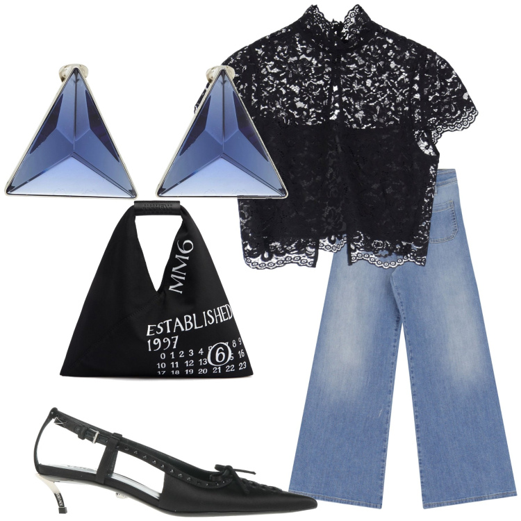 Outfit donna - Aperitivo wow. Stile Glamour per Serata fuori. Abbinamento con décolleté, orecchini, jeans, top, borse a mano.