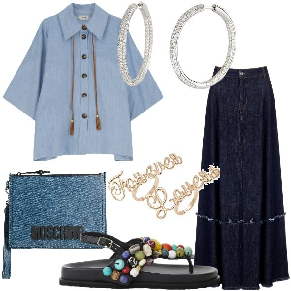 Outfit donna - Donna Curvy Denim soft. Stile Casual chic per Tutti i giorni. Abbinamento con pochette, anelli, sandali gioiello, camicie, orecchini, gonne.