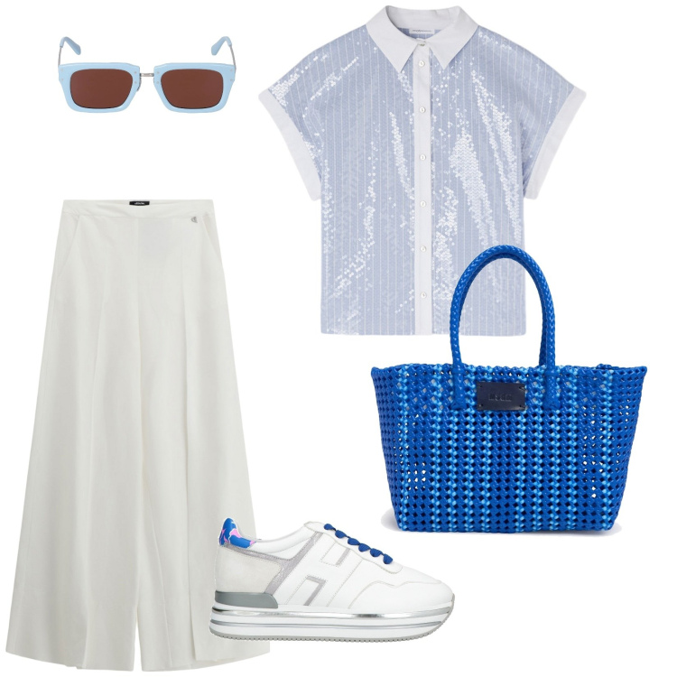 Outfit donna - Spese e spesucce. per Tutti i giorni. Abbinamento con sneakers, pantaloni a palazzo, occhiali da sole, shopping bag, camicie a manica corta.