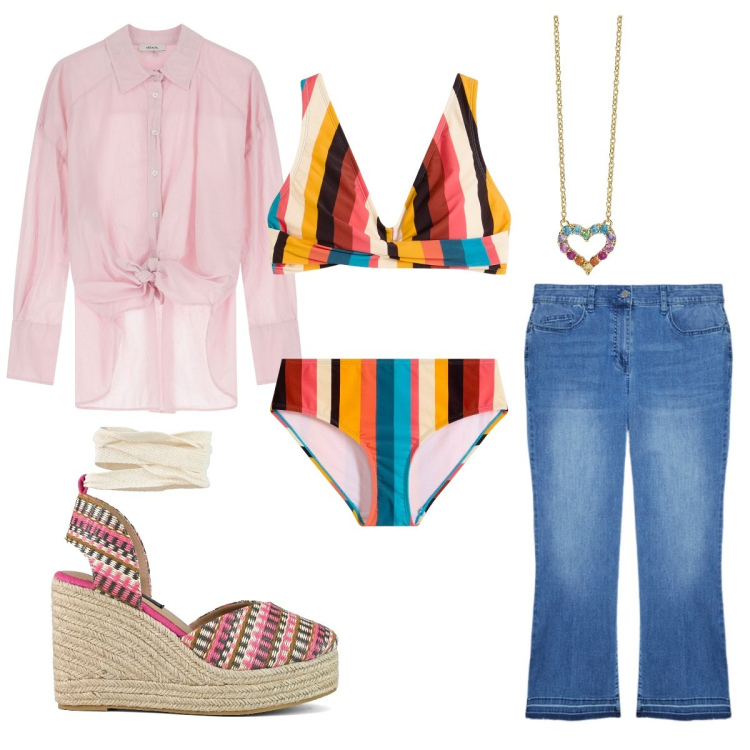 Outfit donna - Il due pezzi a righe. Stile Trendy per Tutti i giorni. Abbinamento con bikini, collane, camicie, zeppe, jeans dritti.