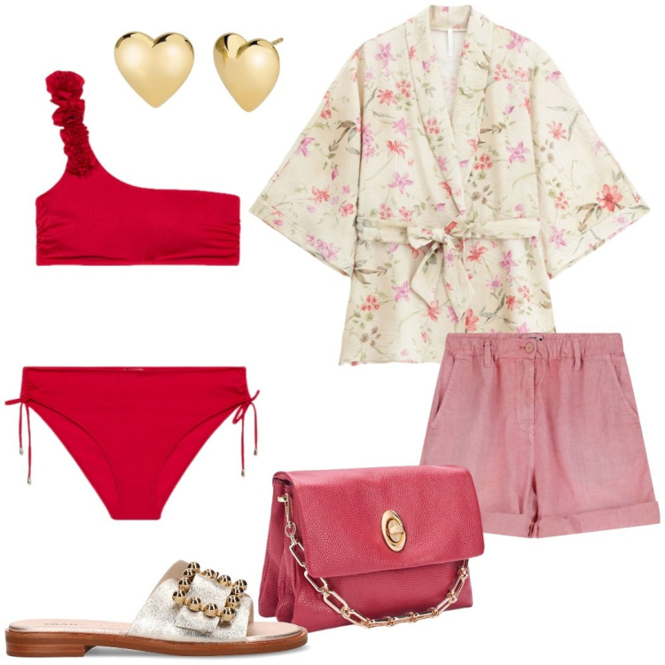 Outfit donna - Summer outfit. Stile Chic per Mare. Abbinamento con orecchini, shorts, kimono, borse a tracolla, ciabatte, bikini.