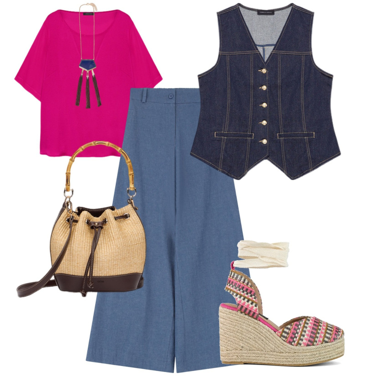 Outfit donna - Giornata estiva. per Tutti i giorni. Abbinamento con jeans, zeppe, bluse, gilet, borse a secchiello, ciondoli.