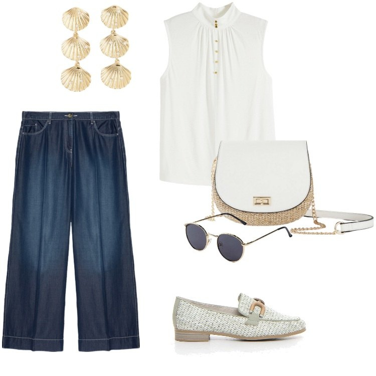 Outfit donna - Total look #2172182. Stile Casual per Tutti i giorni. Abbinamento con borse a tracolla, occhiali da sole, top, orecchini, pantaloni, mocassini.