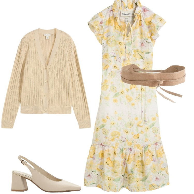 Outfit donna - Il vestito romantico. Stile Casual chic per Tutti i giorni. Abbinamento con cardigans, cinture, décolleté, vestiti lunghi.