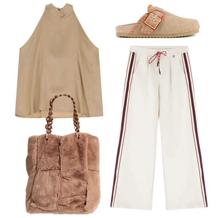 Outfit donna - Bianco e sabbia. Stile Casual per Tutti i giorni. Abbinamento con borse a mano, pantaloni, top, sabot.