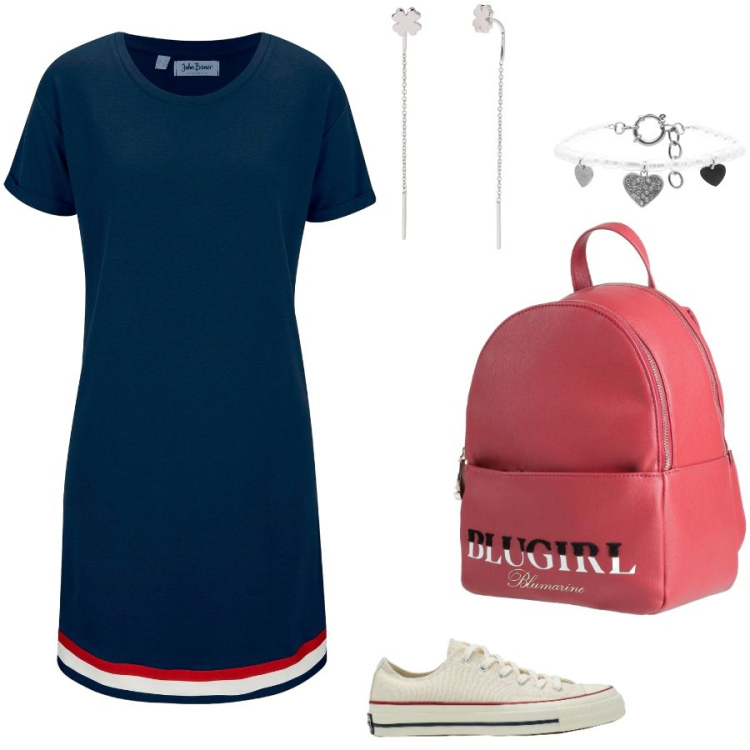 Outfit donna - Un giorno di relax. Stile Casual per Tutti i giorni. Abbinamento con vestiti, sneakers, zaini, orecchini, braccialetti.