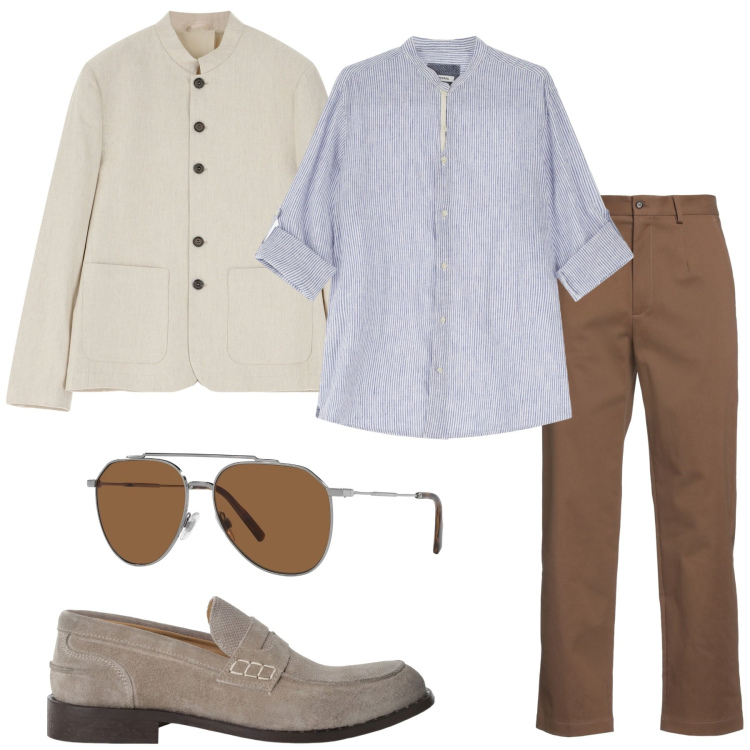 Outfit uomo - Beige e marrone in ufficio. Stile Casual per Ufficio. Abbinamento con occhiali da sole, pantaloni chino, giacche, camicie, scarpe stringate.