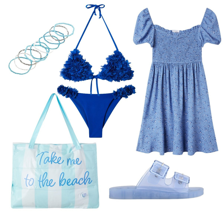 Outfit donna - Il bikini romantico. Stile Trendy per Mare. Abbinamento con braccialetti, vestiti corti, borse tote, bikini, bikini, sandali.