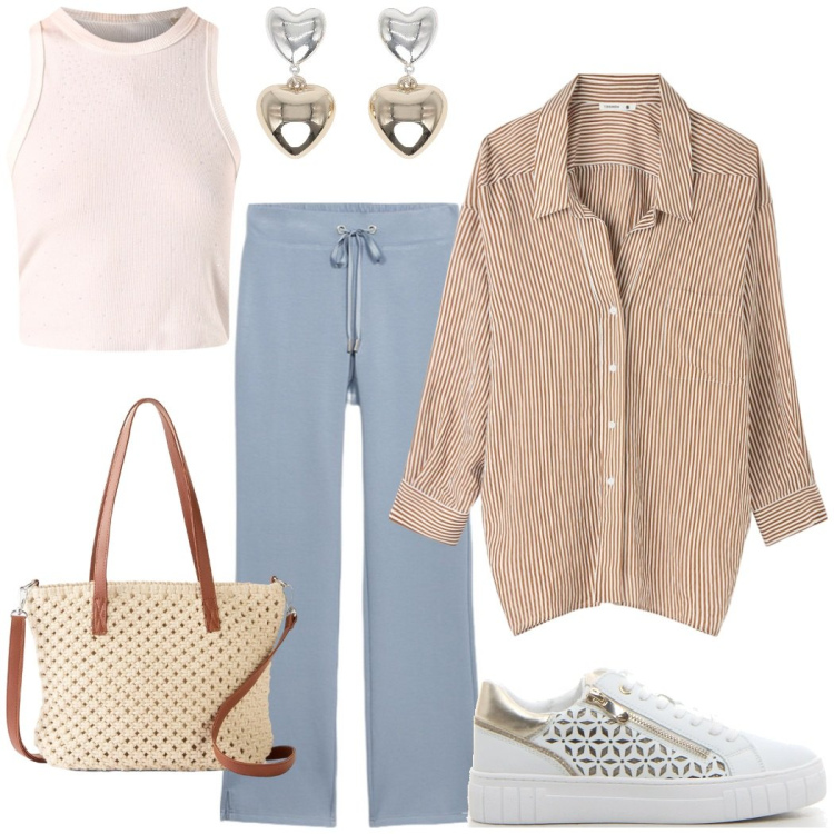 Outfit donna - Casual in top e camicia. Stile Casual per Tutti i giorni. Abbinamento con borse a mano, camicie, orecchini, top, sneakers, pantaloni.