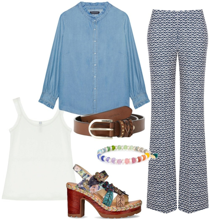 Outfit donna - Total look #2172192. Stile Casual chic per Tutti i giorni. Abbinamento con braccialetti, pantaloni, cinture, canottiere, camicie, sandali col tacco.