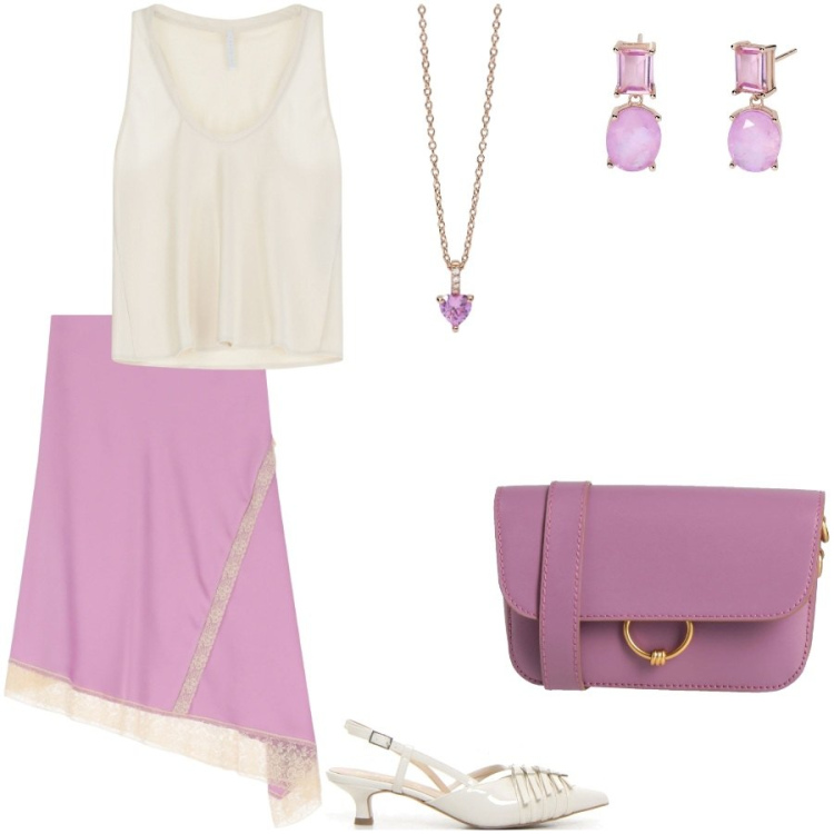 Outfit donna - Un afoso sabato sera. Stile Chic per Serata fuori. Abbinamento con borse a tracolla, orecchini, ciondoli, canottiere, gonne longuette, décolleté.
