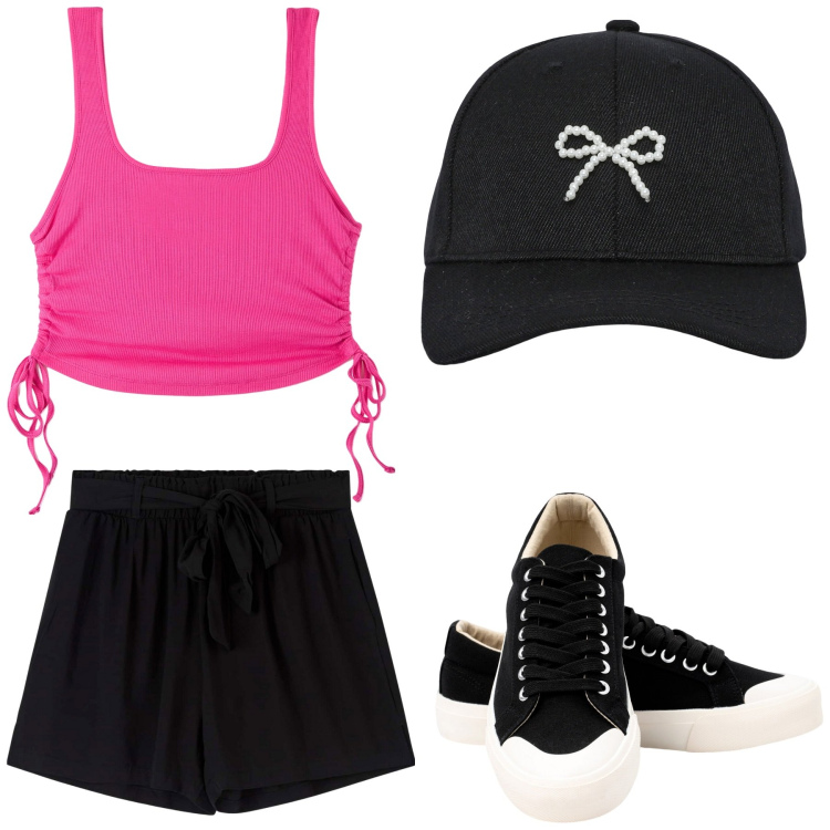 Outfit donna - Semplicemente Rock. Stile Rock per Serata fuori. Abbinamento con canottiere, cappelli con visiera, shorts, sneakers.