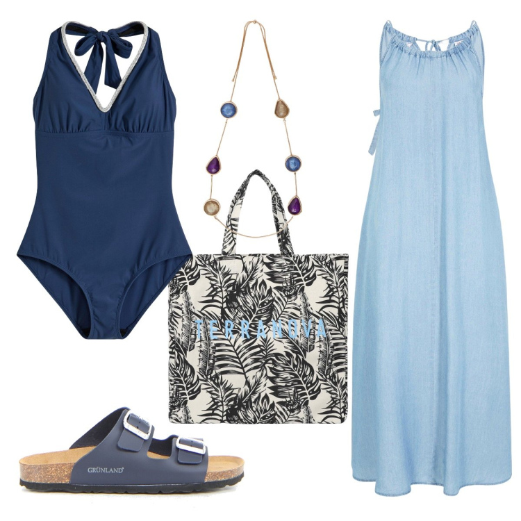 Outfit donna - Il costume intero blu. Stile Bon Ton per Mare. Abbinamento con vestiti, costumi interi, vestiti midi/longuette, borse tote, ciabatte, collane.