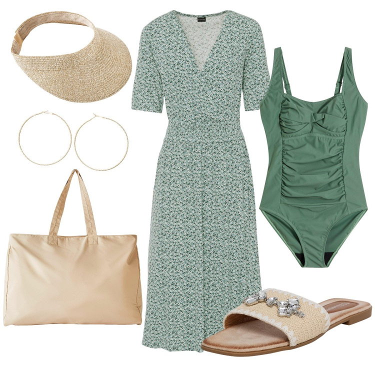 Outfit donna - In verde per la spiaggia. Stile Bon Ton per Mare. Abbinamento con vestiti, costumi interi, cappelli con visiera, shopping bag, ciabatte, orecchini.