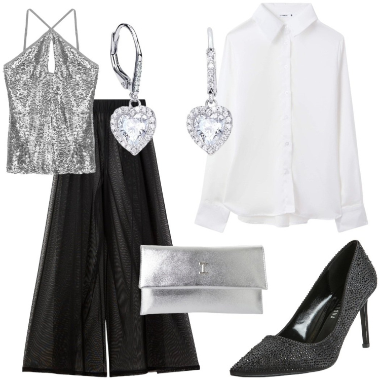 Outfit donna - Festa di compleanno. Stile Chic per Serata fuori. Abbinamento con décolleté, camicie, pantaloni a palazzo, orecchini, top, pochette.