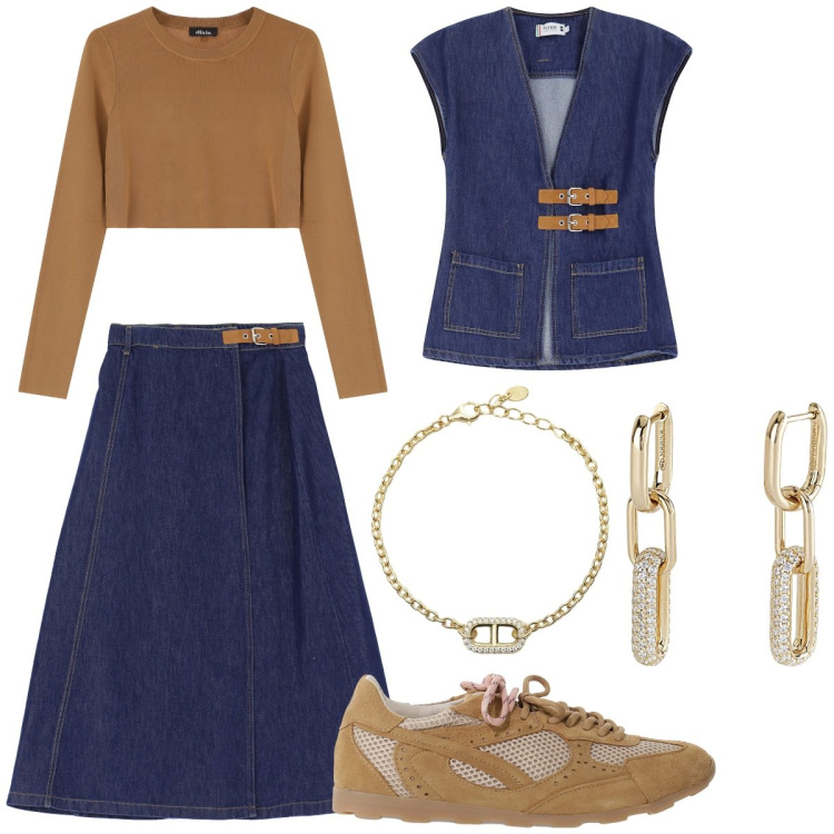 Outfit donna - Total denim. Stile Casual chic per Tutti i giorni. Abbinamento con orecchini, braccialetti, gonne lunghe, gilet, pullovers, sneakers.