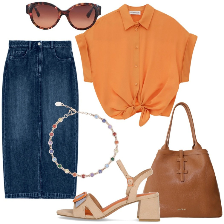Outfit donna - Arancione vitaminico. Stile Casual per Ufficio. Abbinamento con occhiali da sole, braccialetti, borse tote, camicie a manica corta, sandali col tacco, gonne longuette.