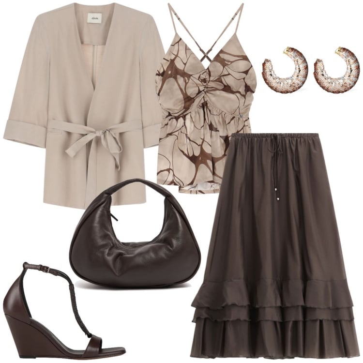 Outfit donna - Balze. Stile Boho per Tutti i giorni. Abbinamento con sandali in pelle, canottiere, gonne lunghe, blazer, orecchini, borse a mano.