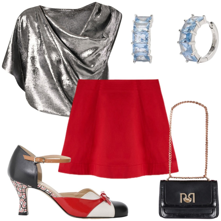 Outfit donna - Seta al tramonto : serata trendy. Stile Trendy per Serata fuori. Abbinamento con décolleté, orecchini, bluse, borse a tracolla, minigonne.