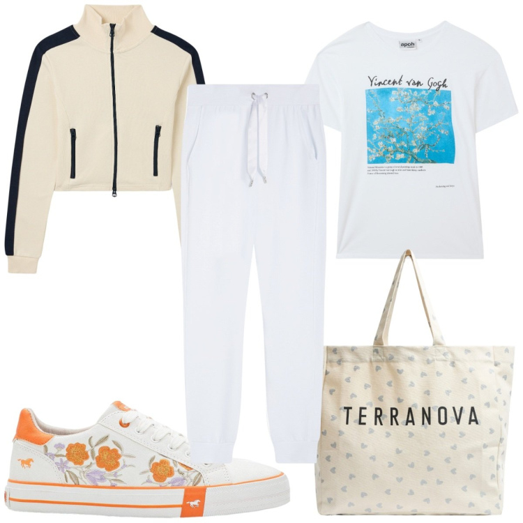 Outfit donna - Total look #2172212. Stile Trendy per Sport. Abbinamento con sneakers, t-shirt, felpe, shopping bag, pantaloni.