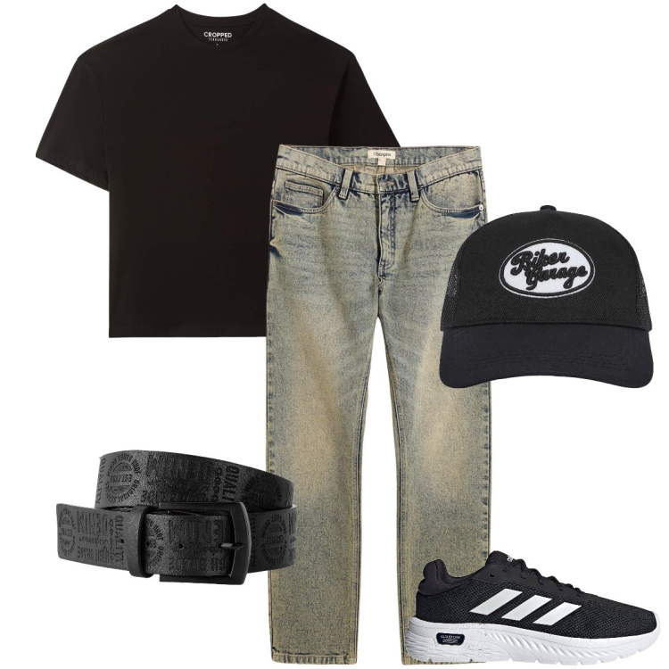 Outfit uomo - Accessori neri. Stile Urban per Tutti i giorni. Abbinamento con cinture, jeans dritti, cappelli, t-shirt, sneakers.