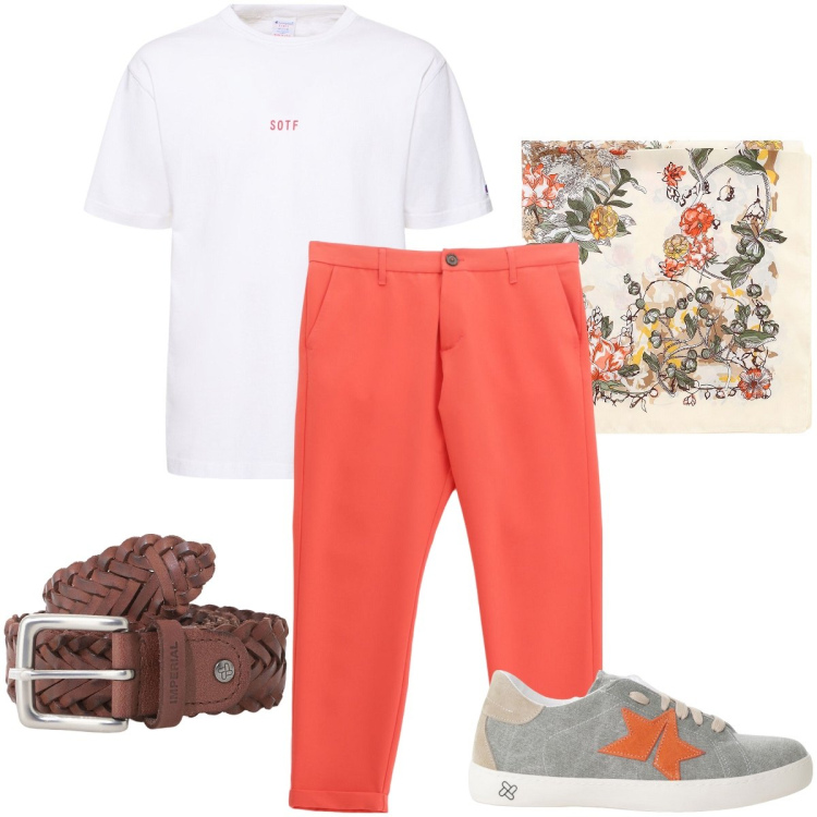 Outfit uomo - Dettagli arancioni. Stile Trendy per Tutti i giorni. Abbinamento con cinture, pantaloni, sneakers, sciarpe e foulard, t-shirt.